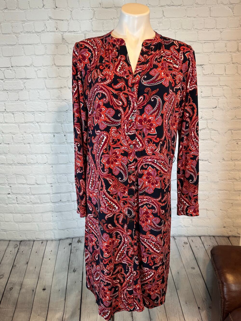 Jessica London Red Black Paisley Floral Button Front Shirt Dress. 16w